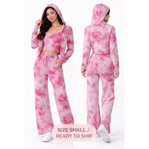 💖 NWT Pink Tie Dye 3-Piece Lounge Set Cami Hoodie Flares S 💖